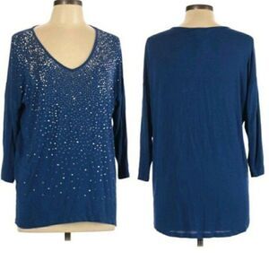 Design History Blue Bedazzled Jersey Knit V-neck‎ Half Sleeve Tunic Top Sz L